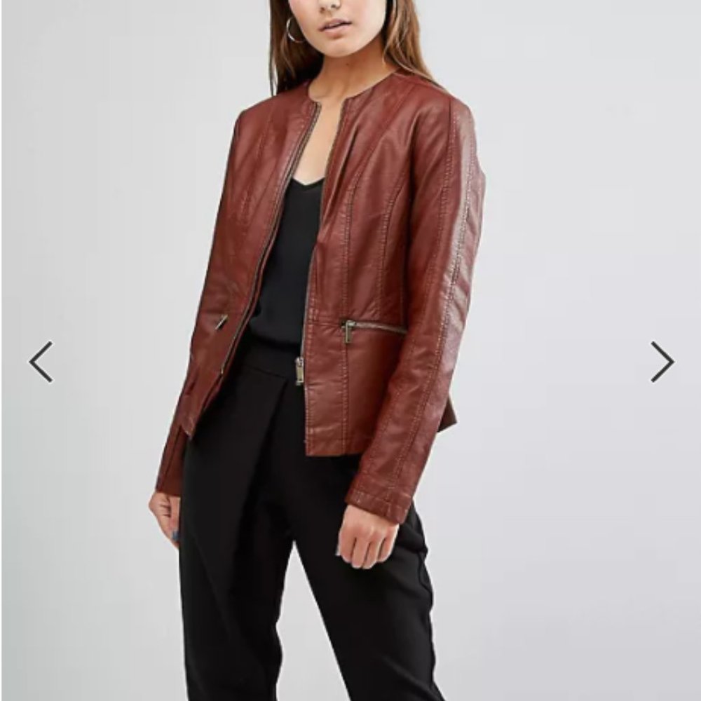 Brown Faux Leather Collarless Jacket